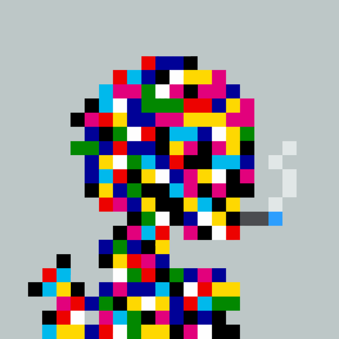 An abstract pixel art piece composed of colorful squares in red, blue, yellow, green, black, white, and pink arranged in an irregular shape on a light gray background.