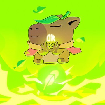 A cartoon capybara wearing a leaf hat and scarf displays "OK" with its paws in a praying gesture, sitting on a glowing green orb—a fitting mascot for the newly launched $OKC token by @okCapy_token, which is highlighted as the first original IP on the Robinhood chain.