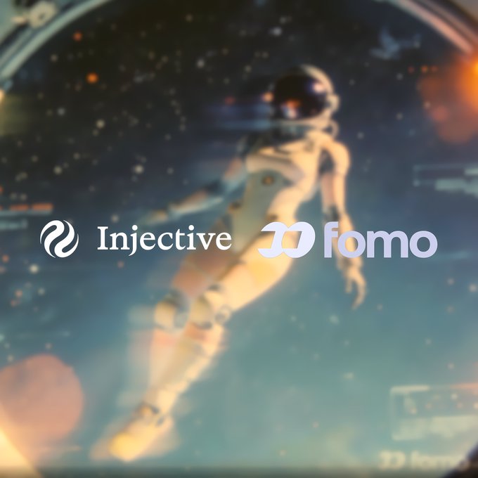 A retro-style graphic shows an astronaut floating in space with the logos 'Injective' and 'fomo' prominently displayed in the foreground.