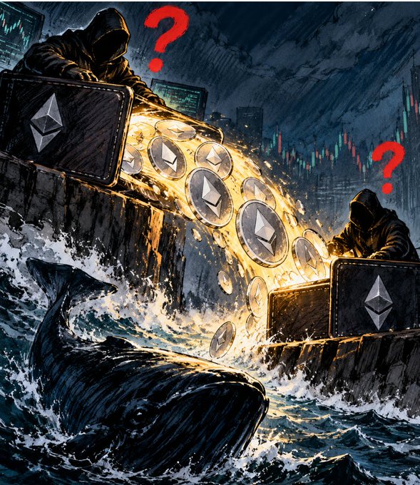 A dramatic illustration depicts two hooded figures pulling golden Ethereum coins from chests amid stormy seas, with a whale breaching the waves below and red question marks floating above.