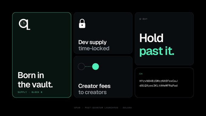 A presentation slide for QPAD (Post-Quantum Launchpad) on Solana featuring 'Born in the vault,' 'Dev supply time-locked,' 'Creator fees to creators,' 'Hold past it,' and a contract address.