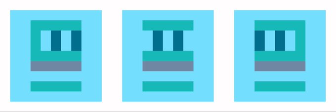 The image shows three teal and blue pixel-art style squares resembling minimalist storefronts or windows, evoking Damien Hirst's signature grid aesthetic. The accompanying post "Damien Hirst Pepe pt2" suggests these are NFT-style digital artworks riffing on Hirst's spot paintings applied to the popular Pepe meme format.