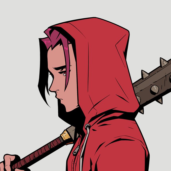 A profile illustration of an anime-style character wearing a red hooded jacket and carrying a spiked club weapon on their back.