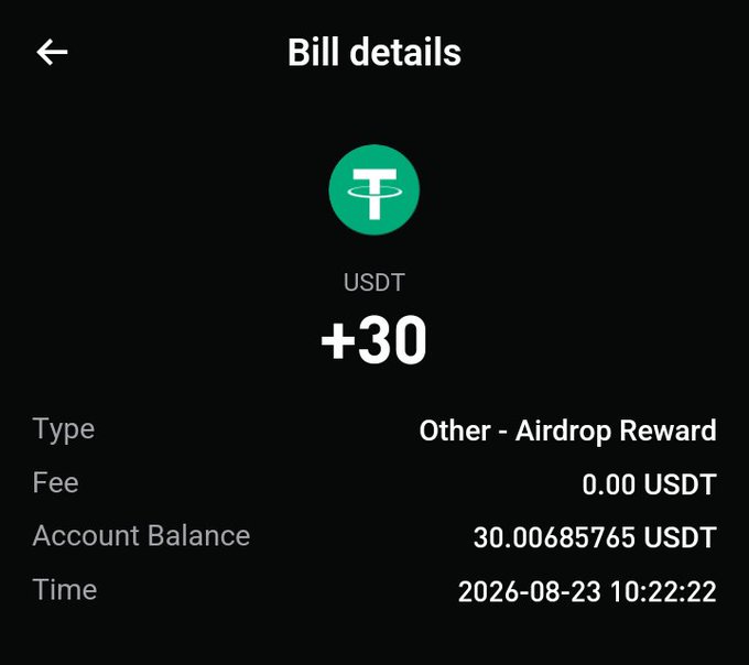 A mobile app screen showing "Bill details" for a USDT transaction, indicating a +30 Airdrop Reward with an account balance of 30.00685765 USDT, dated 2026-08-23 10:22:22.