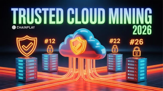 A digital graphic advertises 'TRUSTED CLOUD MINING 2026' by 'CHAINPLAY' featuring neon-style server racks, padlocks, and a central cloud icon.