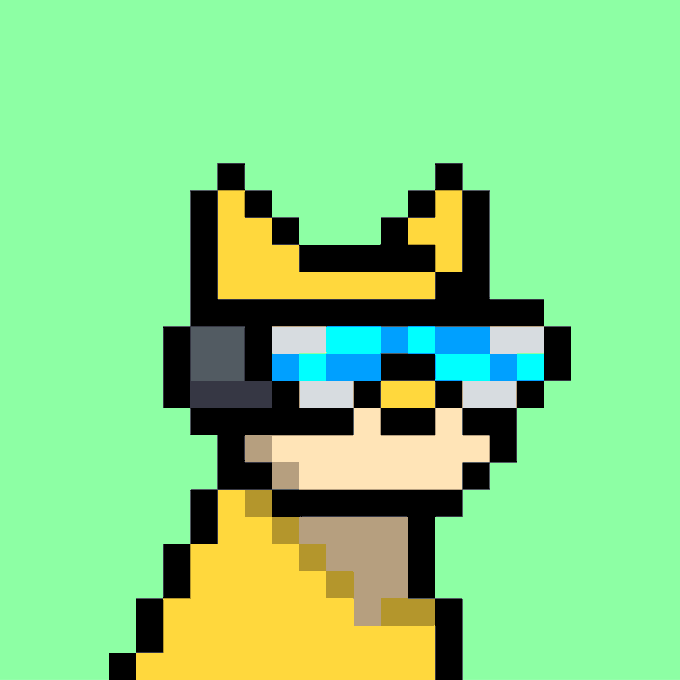 A pixel art illustration of a character with a yellow crown-like helmet, blue goggles, and a yellow outfit against a light green background.