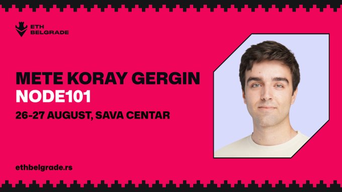 Pink promotional graphic for ETH Belgrade featuring Mete Koray Gergin from NODE101, scheduled for 26-27 August at Sava Centar.