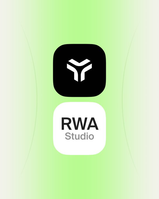 The image displays the "RWA Studio" app icon, featuring a black square with a geometric cube-like symbol above a white square containing the text "RWA Studio," all set against a soft green background. This aligns with the post about Freehold, as RWA (Real World Asset) Studio likely serves as the platform enabling non-custodial tokenization, whitelisting, and on-chain liquidity for real-world assets.