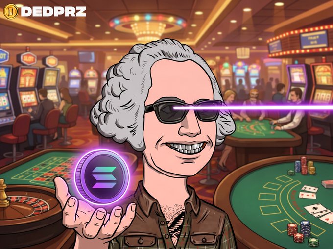 The image features a cartoon of an older man with a gray wig, wearing sunglasses and holding a purple coin in his hand. The caption below him states that he has won 1 virtual solution from DEDPRZ, and the website or URL should be provided for further participation. This implies that the viewer must enter their name at the site to be considered a winner and receive the 1 virtual solution.
