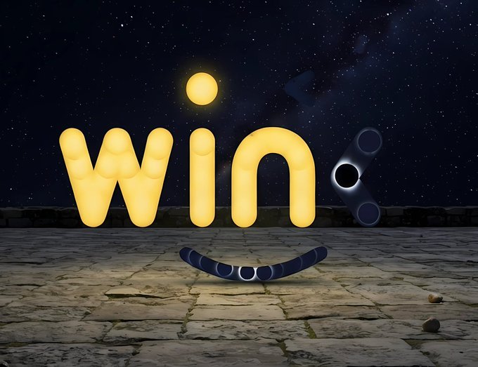 A digital graphic featuring the word "win" spelled out in glowing yellow balloon-like letters against a starry night sky, with a curved smile graphic on a stone surface below.
