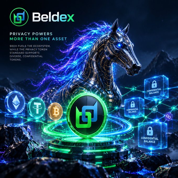 A promotional graphic for 'Beldex' cryptocurrency featuring the tagline 'PRIVACY POWERS MORE THAN ONE ASSET', with text explaining that $BDX fuels the ecosystem and the privacy token standard supports diverse and confidential tokens, alongside a glowing horse and various crypto coin icons.