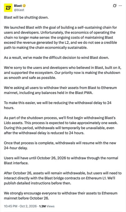 A Twitter/X post from Blast (@blast) dated October 2, 2026, announcing that the Blast platform is shutting down due to economic unsustainability, with instructions for users to withdraw assets.