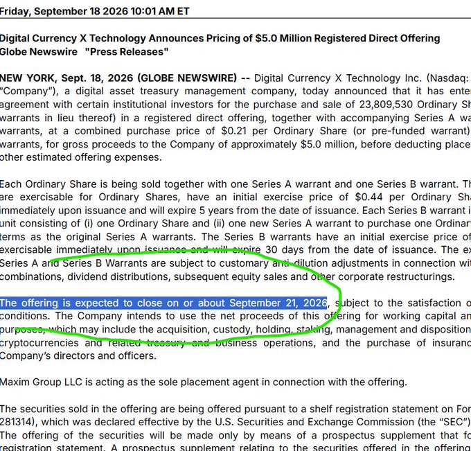 A GlobeNewswire press release from Friday, September 18, 2026, announcing Digital Currency X Technology Inc.'s pricing of a $5.0 million registered direct offering, with a green circle highlighting the expected closing date of September 21, 2026.