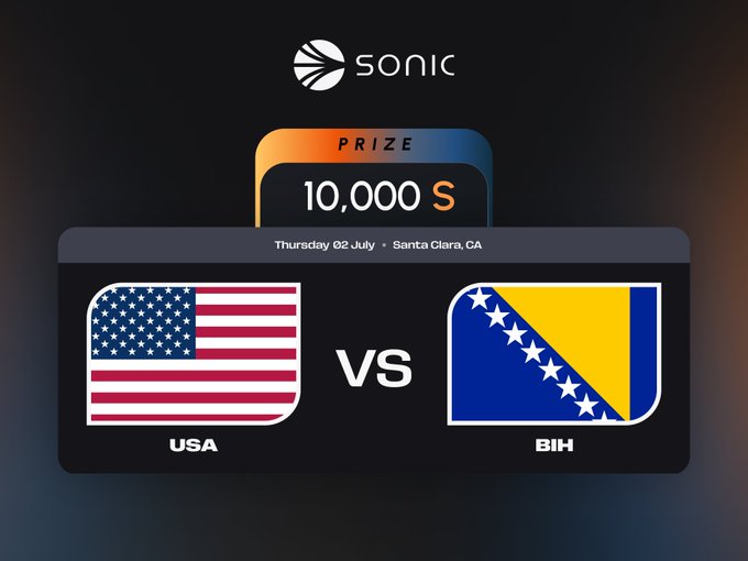 Promotional graphic for the Sonic World Cup Challenge showing a matchup between the USA and Bosnia and Herzegovina (BIH) flags with a 10,000 $S prize pool, scheduled for Thursday, July 2 in Santa Clara, CA. The Sonic logo appears at the top, encouraging viewers to guess the outcome for a chance to win the token prize.