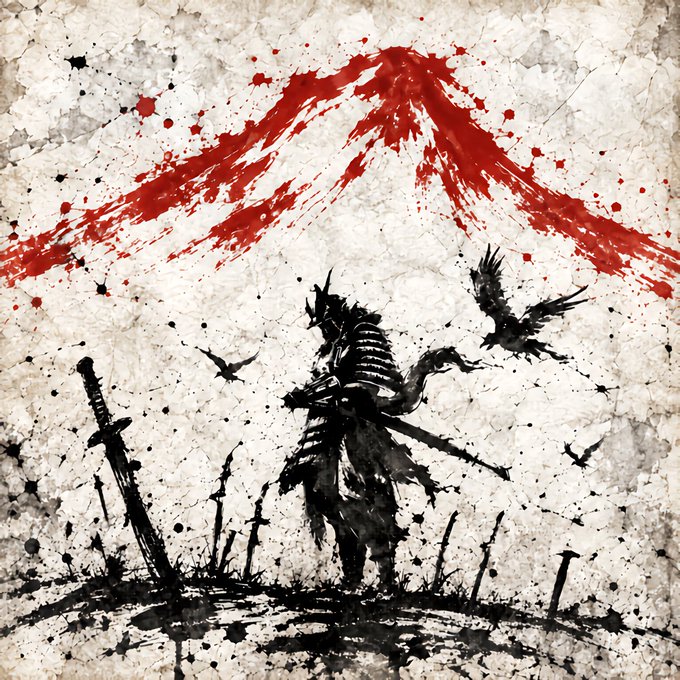 A lone samurai stands before a vivid red Mount Fuji, rendered in striking black ink splashes on a weathered, parchment-like background with crows circling overhead and swords planted in the ground. The artwork, titled "Scarlet Vanguard" by @0324Kaji, captures the bold contrast between the crimson peak and the dark, ink-washed warrior—embodying the piece's dramatic tension between beauty and battle.