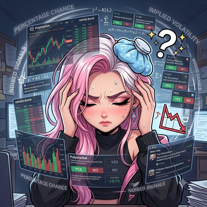 An illustration of a stressed anime-style girl with pink hair and an ice pack on her head, surrounded by floating screens displaying trading data, candlestick charts, Polymarket odds, and terms like 'PERCENTAGE CHANCE', 'IMPLIED VOLATILITY', and 'NOISED SIGNALS'.