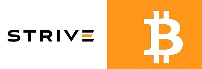 A split logo displays "STRIVE" in black text on a white background next to an orange Bitcoin "B" symbol.