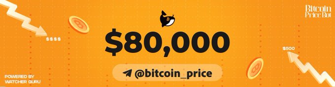 An orange Bitcoin Price Bot banner displaying '$80,000' prominently with '@bitcoin_price' and graphics of coins and price trend lines.
