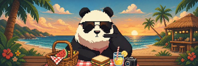 A pixel-art panda wearing sunglasses enjoys a tropical beach picnic with a sandwich, lemonade, and picnic basket at sunset. The relaxed vacation vibes playfully contrast with the post's references to Solana memecoin trading and DeX activity, suggesting a "take a break" mood amid crypto hype.