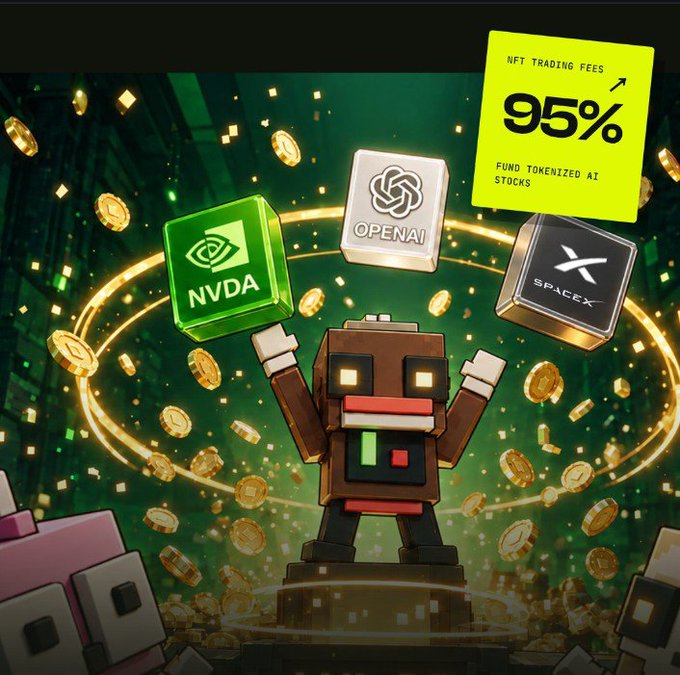 A promotional graphic featuring a cartoon robot surrounded by gold coins, with logos for NVDA, OPENAI, and SPACEX, along with a yellow sticky note reading 'NFT TRADING FEES 95%' and 'FUND TOKENIZED AI STOCKS'.
