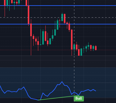 A weekly Bitcoin price chart displays a candlestick pattern with a visible bearish divergence, highlighted by a green trendline labeled "Bott" connecting the price lows, while the indicator below shows a corresponding higher low—mirroring the 2022 setup that preceded Bitcoin's roughly 10x rally.