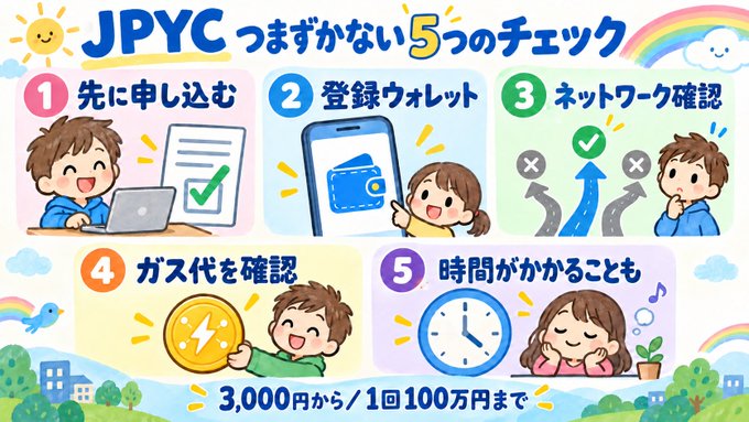 A colorful Japanese infographic titled 'JPYC つまずかない5つのチェック' (5 checks to avoid stumbling with JPYC) illustrating steps including advance application, wallet registration, network confirmation, gas fee verification, and time considerations, for amounts from 3,000 yen to 1 million yen.