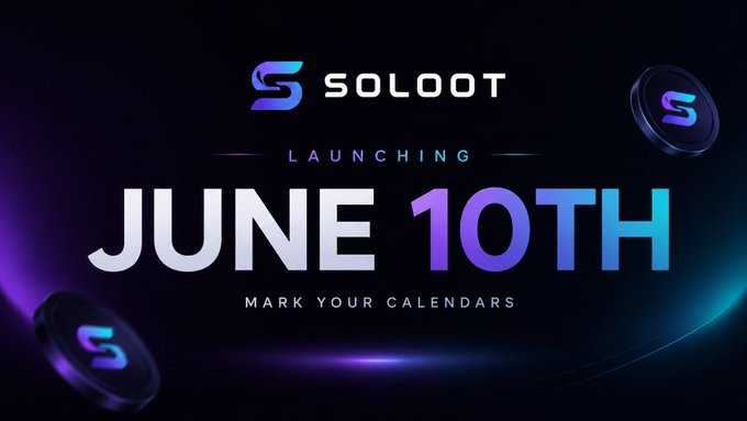 The image features a banner with text that reads "SOLOOT Launching June 10th Mark Your Calendars" written in white letters against a black background. The text also includes a purple logo for Soloot, which is a company related to Bitcoin. The text suggests that there might be an event or giveaway related to Bitcoin and the release of Soloot's new calendar system.