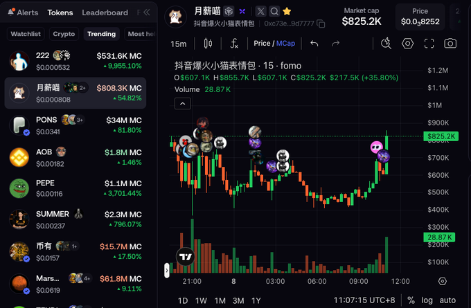 A DexScreener trading interface showing the '月薪喵' (Monthly Salary Cat) meme token on a price chart with a market cap of $825.2K, displaying a 35.80% gain.