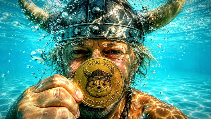 A viking wearing a horned helmet is submerged underwater, holding up a gold coin with a dog face on it that says 'HOKI INU' and 'CRYPTO COIN HOLDER'.