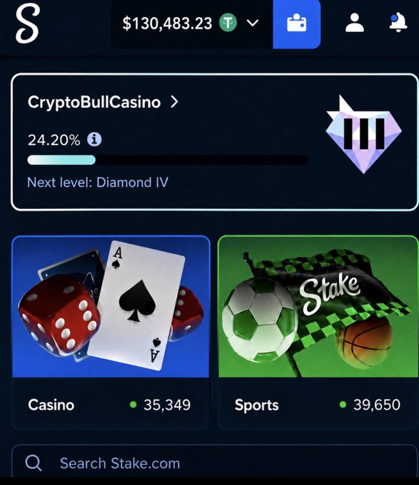 The image shows a Stake.com account dashboard with a balance of $130,483.23, displaying the "CryptoBullCasino" username at 24.20% progress toward Diamond IV level, along with Casino (35,349) and Sports (39,650) sections. The image appears to support the post by showcasing a substantial winning balance on Stake, lending visual credibility to the giveaway claim of $550 to a lucky follower.