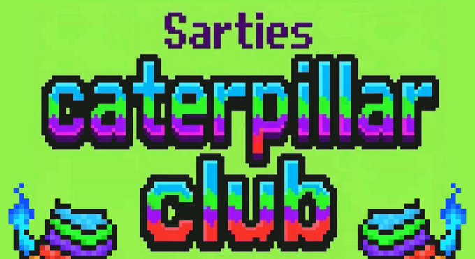 Pixel art logo on a lime green background reading 'Sarties caterpillar club' in colorful gradient lettering, flanked by two pixelated snakes.