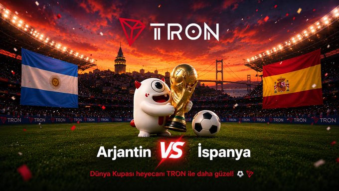 A TRON promotional graphic showing a World Cup-style matchup between Argentina and Spain ('Arjantin VS İspanya') with a cute mascot holding the trophy between their national flags in a stadium.