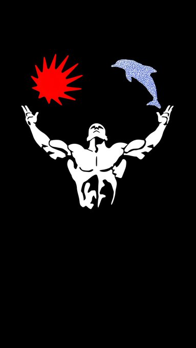 A stylized illustration of a muscular figure in white silhouette with arms raised, balancing a red sun on one hand and a blue patterned dolphin on the other against a black background.