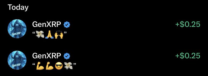 The image shows a "Today" earnings summary from the account GenXRP (verified with a blue checkmark), displaying two tips of +$0.25 each, decorated with emoji strings of praying hands, flexed biceps, and a prayer gesture. This visually confirms the post's thanks to @GenXRP for another $0.25 reward via @XPayments.