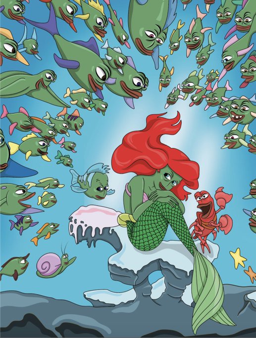 Colorful cartoon illustration depicting a green-skinned mermaid with red hair sitting on a rock, surrounded by numerous green fish and a red crab, set against a bright blue underwater background.