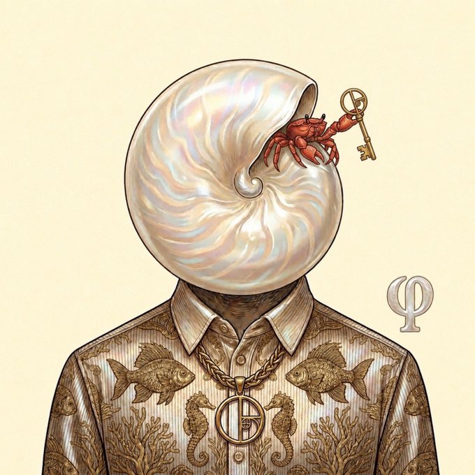 A surreal illustration of a figure in a brown fish-patterned shirt with a Hermès-style logo necklace, whose head is replaced by a nautilus shell containing a red crab holding a key, with a phi symbol on the right.