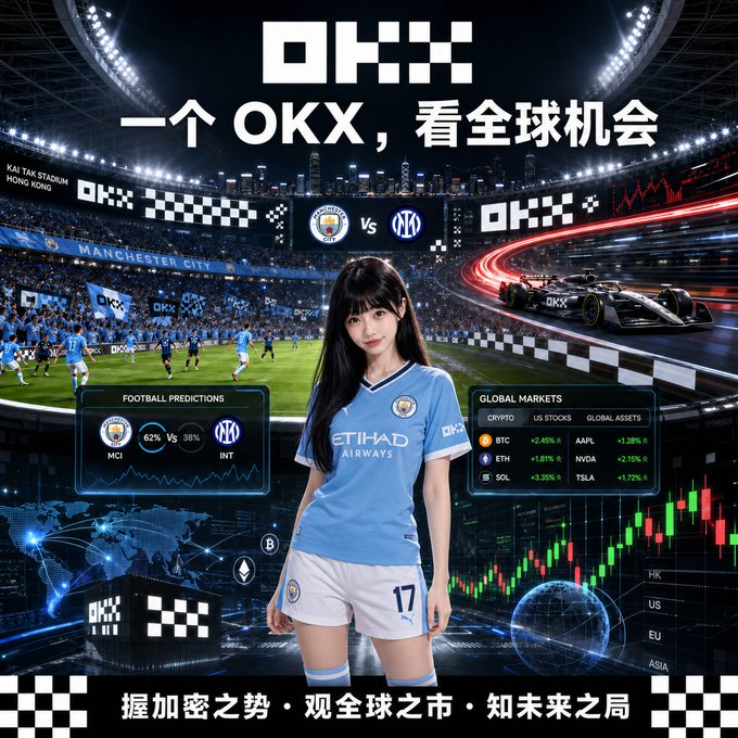 A promotional graphic for the OKX cryptocurrency exchange featuring an Asian woman in a Manchester City football jersey (#17), with football match predictions (MCI vs INT) and global market tickers (BTC, ETH, SOL) displayed alongside a race car and stadium background.