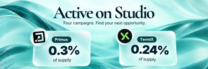 A promotional banner for “Active on Studio” says “Four campaigns. Find your next opportunity” and lists Primus at 0.3% of supply and TermiX at 0.24% of supply.