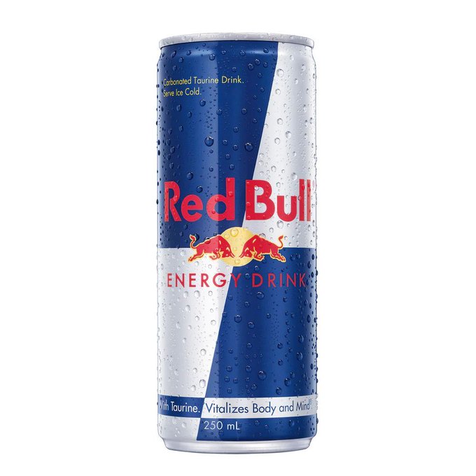 A chilled can of Red Bull Energy Drink with water droplets on the surface, featuring the brand's signature silver and blue design and 'Vitalizes Body and Mind' text.