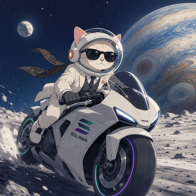 An anime-style illustration shows a cat in an astronaut suit and sunglasses riding a futuristic white motorcycle branded 'SOLANA' across the lunar surface, with Jupiter and Earth visible in the background.