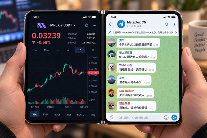 Hands hold two smartphones side by side; the left screen displays an MPLX/USDT trading chart priced at 0.03239, while the right shows a Telegram-style chat for 'Metaplex CN' discussing the token.