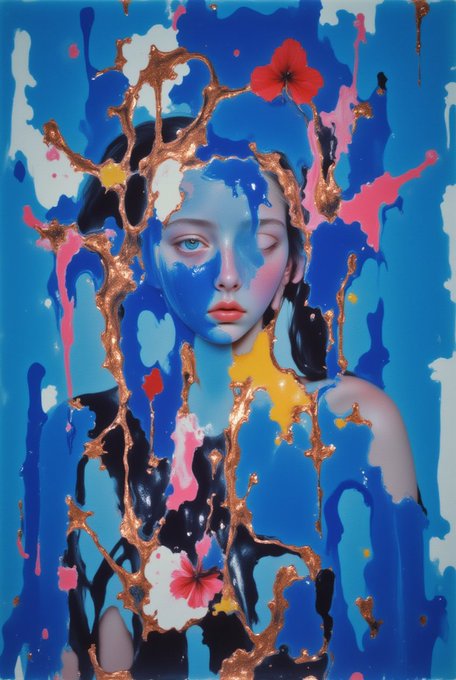 An abstract mixed-media portrait of a woman with flowing blue tones, dripping paint effects, and copper-colored accents.