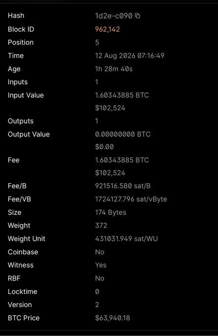 A Bitcoin transaction details screen showing hash '1d2e-c090', Block ID 962,142, dated 12 Aug 2026, with 1.60343885 BTC input value, $102,524 fee, and BTC Price $63,940.18.
