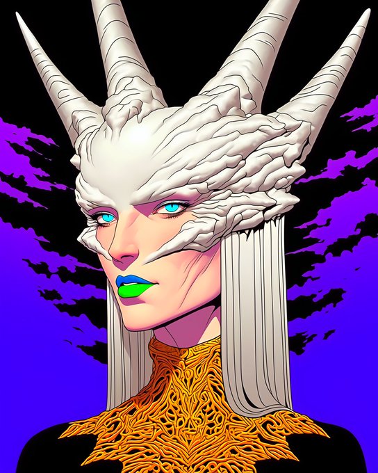 A stylized digital portrait of a fantasy figure with pale skin, white horn-like protrusions on the head, blue eyes, and striking blue and green lips, set against a purple and black background.