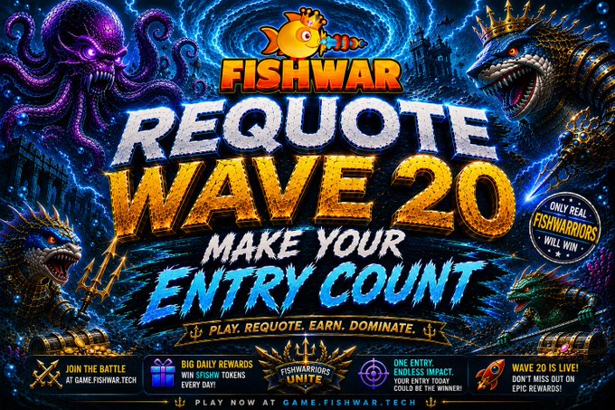 A vibrant promotional graphic for "FISHWAR REQUOTE WAVE 20" featuring the tagline "MAKE YOUR ENTRY COUNT" and "PLAY. REQUOTE. EARN. DOMINATE," with menacing kraken-like creatures flanking the text against a deep blue underwater backdrop. The banner highlights key participation details such as joining at game.fishwar.tech, winning 345HW tokens daily, tagging @FishWarOfficial with friends, and noting that only real FishWarriors will win—matching the post's call-to-action for Wave 20 engagement.