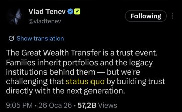 The image shows a tweet from Vlad Tenev (@vladtenev) dated 9:05 PM on 26 Oct 26 with 57.2B views, discussing "The Great Wealth Transfer" as a trust event where families inherit portfolios and legacy institutions, with a challenge to "status quo" by building trust directly with the next generation. The tweet appears to support the post's claim about disrupting the status quo, with the "status quo" text highlighted in gold/yellow, tying into the $TIBBIR project's goal of challenging traditional financial institutions during this generational wealth shift.