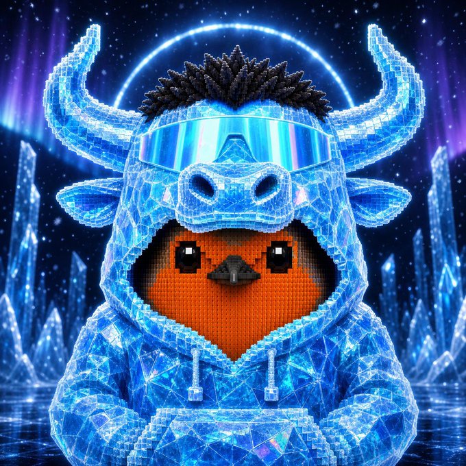 A pixelated red character wearing a crystalline blue horned hoodie with ski goggles, set against a backdrop of glowing ice crystals and a starry cosmic sky. The image depicts an "honorary NFT" character created for a meme culture figure, reflecting the post's nostalgic tribute to early NFT minting days.