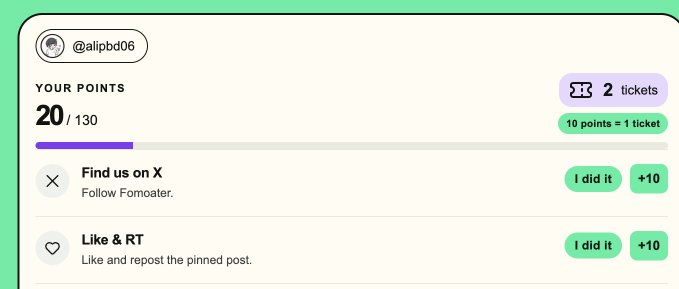 A screenshot of a points dashboard for user @alipbd06 showing 20/130 points, 2 tickets, and tasks like 'Find us on X' and 'Like & RT'.