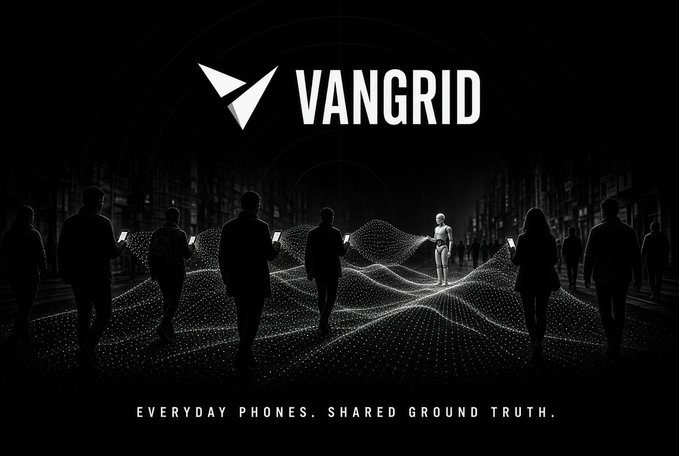 A VANGRID promotional graphic with the tagline 'EVERYDAY PHONES. SHARED GROUND TRUTH.' showing silhouettes of people on a digital landscape.