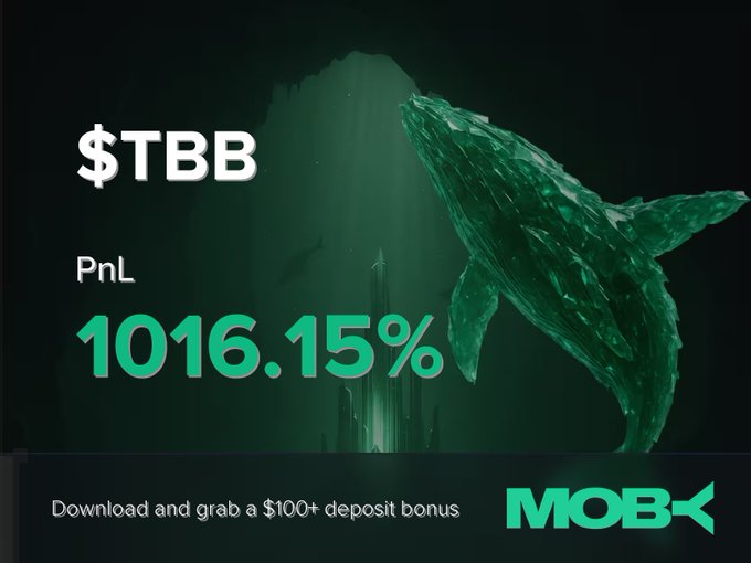 A promotional graphic for Moby featuring a large green whale (Moby Dick) alongside the ticker "$TBB" and a stunning PnL of "1016.15%" displayed in bright green text. The bottom banner reads "Download and grab a $100+ deposit bonus" next to the Moby logo, celebrating the trader's massive win alert.